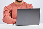 Laptop space, IT and closeup of man in studio, white background or programming digital code. Model, software developer and back of screen with computer engineer, technology and coding date on website