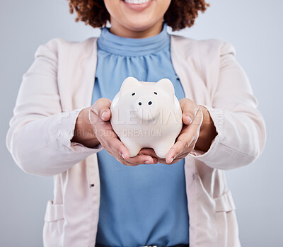 Buy stock photo Hands of woman with piggy bank, savings in studio and finance and budget planning with investment loan. Financial freedom, growth and profit, salary management girl with money box on white background