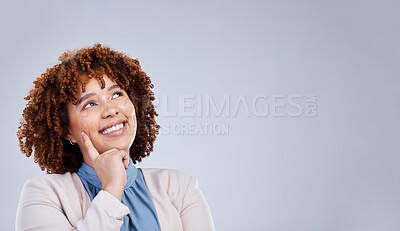 Buy stock photo Thinking, space and smile with face of woman in studio for idea, promotion and mockup. Happy, information and announcement with female person on grey background for banner, news and advertising