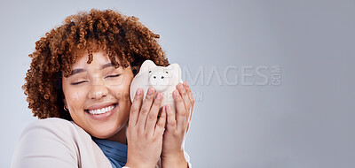 Buy stock photo Happy woman with mockup, piggy bank and savings in studio, finance and budget in hands for investment plan. Happiness, growth and profit, salary management for girl with money box on white background