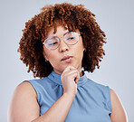 Woman with ideas, thinking and isolated in studio, creative mindset for young model with afro and glasses. Problem solving, brainstorming and focus, African girl with hand on face on white background