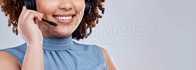 Buy stock photo Call centre, mouth and professional woman in customer service in closeup with banner. Consultant, sales and girl with headphones at help desk for career for technical support in mockup space.