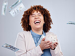 Happy woman with money rain, piggy bank and savings in studio, finance and budget with dollar investment. Happiness, growth and cash profit, salary bonus for girl with money box on white background.