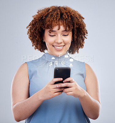 Buy stock photo Social media icon, phone and business woman in studio online for text message, internet chat and mobile app. Communication, networking and happy female person on smartphone for website connection