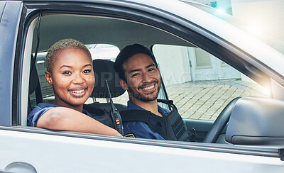 Buy stock photo Police, driving together and portrait in car, smile and happy partnership to stop crime with teamwork in city. Black woman, man and patrol street in metro for justice, law and government surveillance