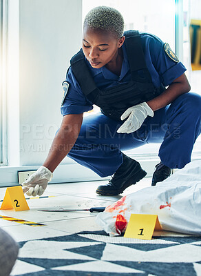 Buy stock photo Police woman, crime scene investigation and floor for proof, murder or forensic analysis with focus. Law enforcement officer, murder and monitor evidence with experience, problem solving and justice