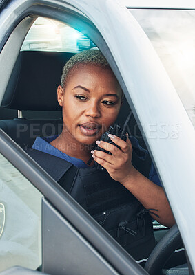 Buy stock photo Police woman, car and radio for talking, crime investigation or patrol with thinking in city. African law enforcement officer, driving and call backup on street for lead, problem solving or justice