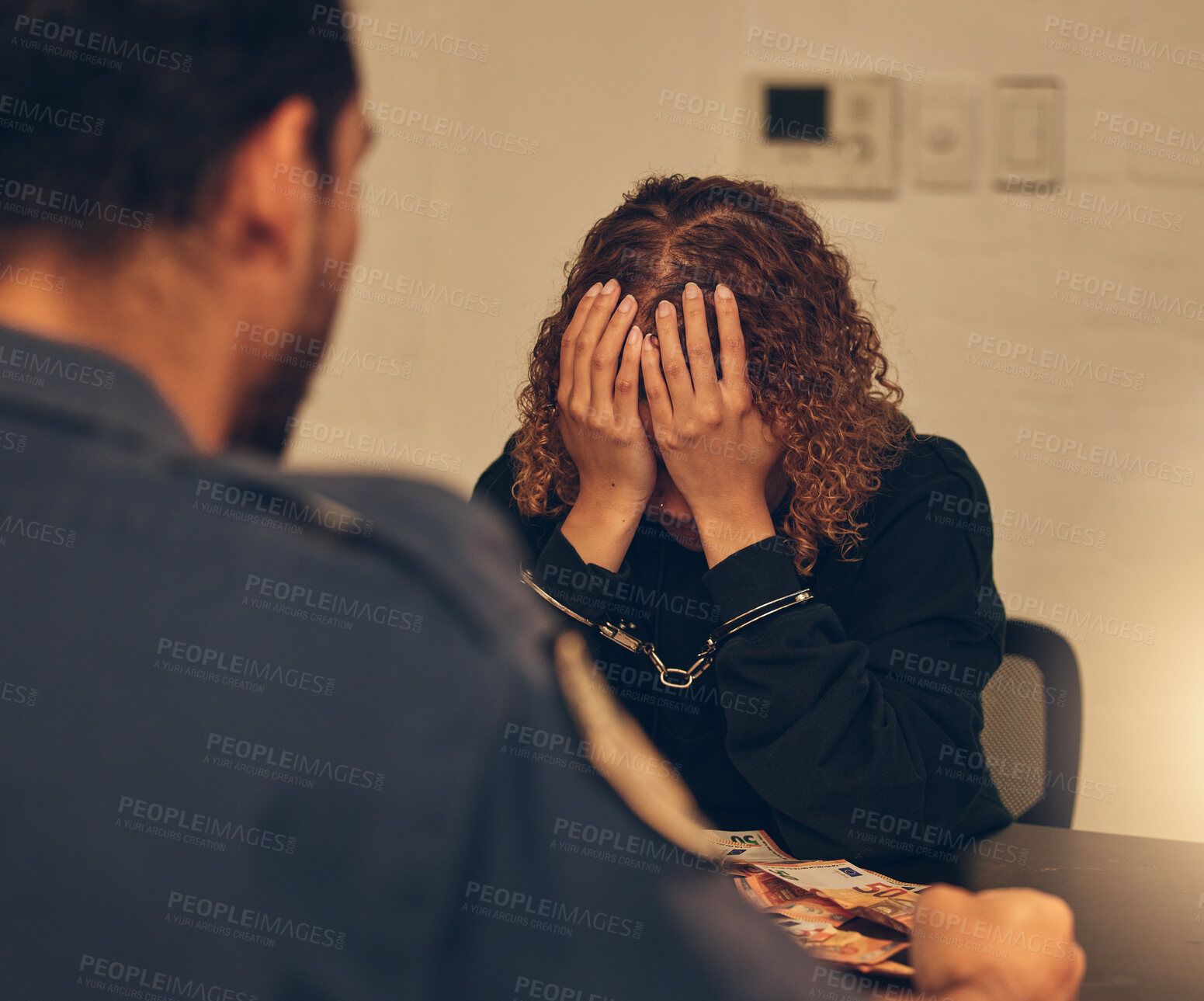 Buy stock photo Police, investigation and detective listening to woman for crime interrogation or criminal arrest. Law, crime and man at station for corruption interview, questions in money laundering and handcuffs.