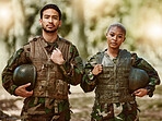 Soldier, military and portrait of man and woman in gear in nature for service, protection and training outdoors. Camouflage, national army and people for battle, operation or combat exercise in woods