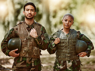 Buy stock photo Soldier, military and portrait of man and woman in gear in nature for service, protection and training outdoors. Camouflage, national army and people for battle, operation or combat exercise in woods