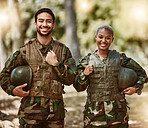 Happy soldier, military and portrait of people in gear in nature for service, protection and training outdoors. Camouflage, army and man and woman for battle, operation and combat exercise in woods