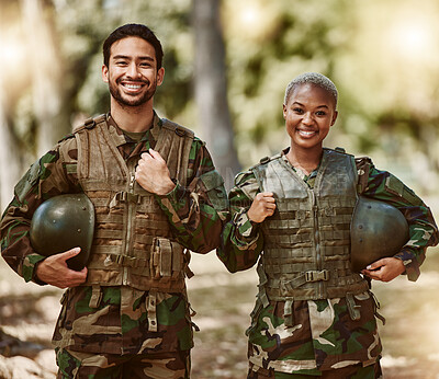 Buy stock photo Happy soldier, military and portrait of people in gear in nature for service, protection and training outdoors. Camouflage, army and man and woman for battle, operation and combat exercise in woods