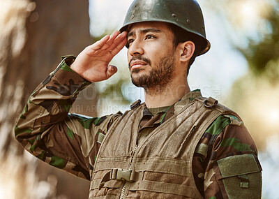 Buy stock photo Soldier, military and man salute in nature for service, protection and battle training outdoors. War, national army and male person in position for veteran honor, greeting and official duty in woods