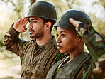 Soldier, military and man and woman salute in nature for service, protection and battle outdoors. War training, national army and people in position for veteran honor, greeting and official duty