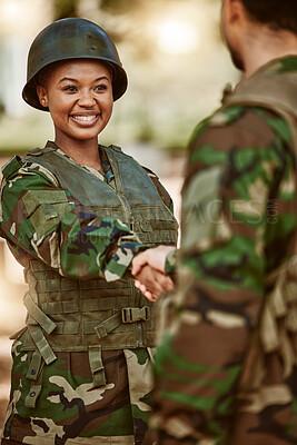 Buy stock photo Soldier, army and man and woman with handshake in nature for service, protection and thank you. Camouflage, national military and people shaking hands for veteran honor, greeting and official duty