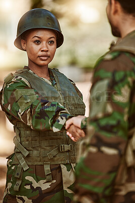 Buy stock photo Soldier, military and man and woman with handshake in nature for service, protection and thank you. War training, national army and people shaking hands for veteran honor, greeting and official duty