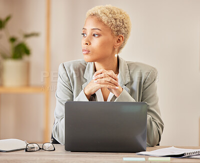 Buy stock photo Thinking, serious and a woman with a laptop in an office for ideas, inspiration and business vision. Focus, desk and a corporate employee with plan for an email, web research or work on a computer