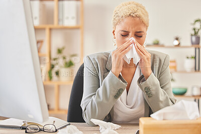 Buy stock photo Computer, tissue and a business woman blowing nose while working at a desk, sick in the office. Cold, flu or symptoms with a young female corporate employee sneezing from hayfever allergies at work