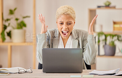 Buy stock photo Angry, business woman and laptop with internet problem, 404 and mistake in a office. Computer glitch, scream and person trading and stress from stock market fail and anxiety with tech in a workplace