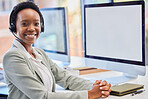 Call center, portrait and black woman on computer mockup in office consulting for crm, contact us or customer service. Happy face, telemarketing and African lady consultant with online help or advice
