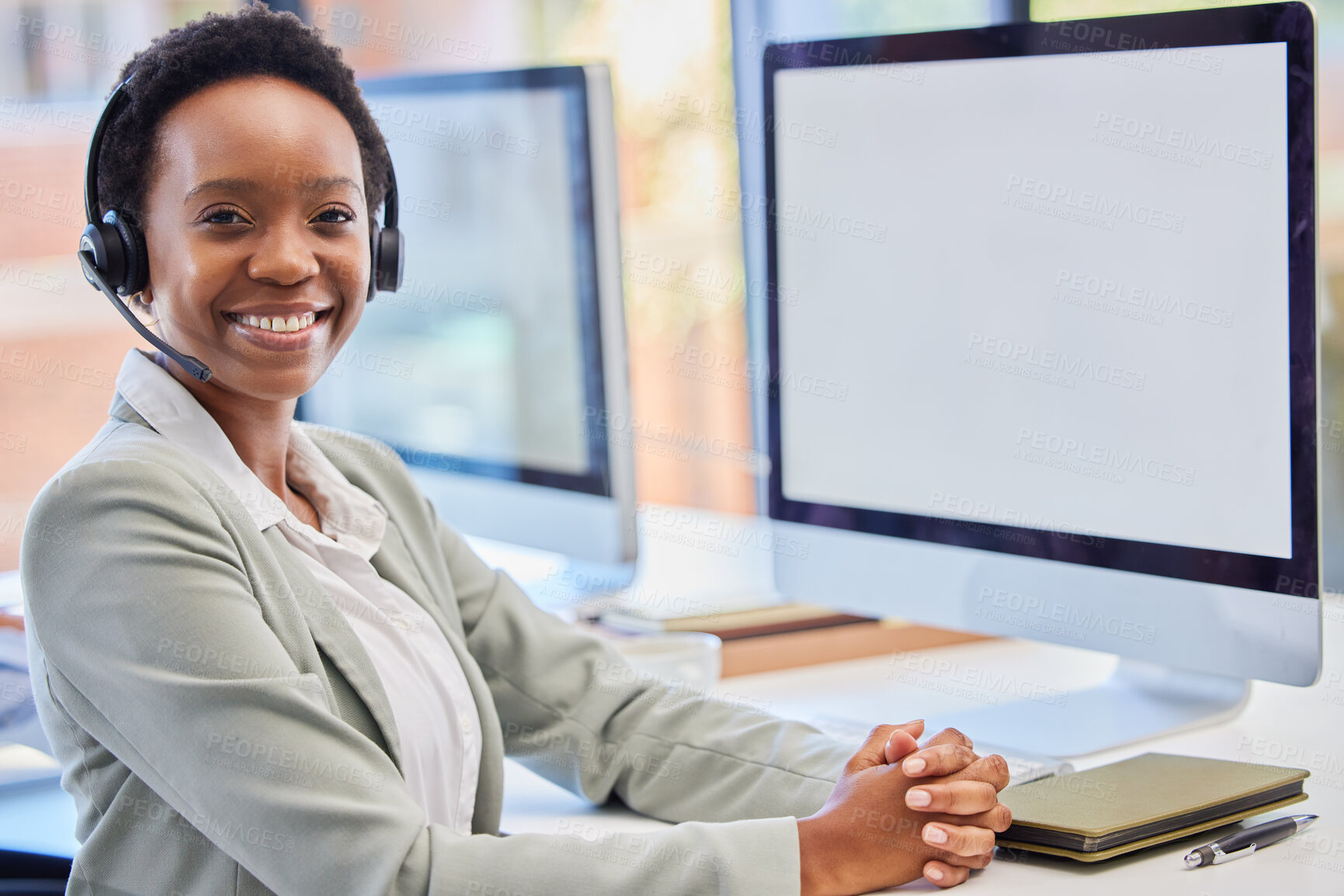 Buy stock photo Call center, portrait and black woman on computer mockup in office consulting for crm, contact us or customer service. Happy face, telemarketing and African lady consultant with online help or advice