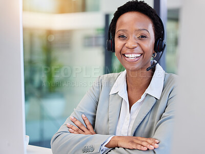 Buy stock photo Black woman, smile or desk in call center for customer support, contact and advice at computer. Happy person and  agent at telemarketing company for sales consulting or professional telecom service