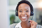 Black woman, telemarketing and smile for communication, customer support or contact in call center for CRM questions. Face, happy receptionist and agent for sales consulting, telecom or advisory help