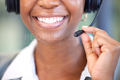Buy stock photo Woman, call center and mouth for communication, customer support or contact us for CRM questions. Closeup, face and happy agent with microphone for telemarketing, sales consulting or telecom advisory
