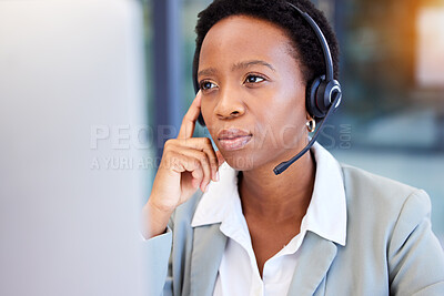 Call center, stress and black woman frustrated by faq, customer service or internet delay in office. Contact us, face and annoyed African lady consultant with 404, glitch or problem while consulting