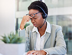 Call center, headache and black woman frustrated by faq, customer service or internet delay in office. Stress, migraine and African lady consultant with vertigo, glitch or problem while consulting