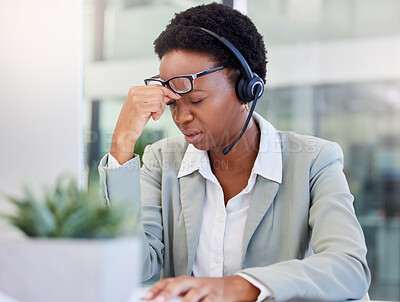 Buy stock photo Call center, headache and black woman frustrated by faq, customer service or internet delay in office. Stress, migraine and African lady consultant with vertigo, glitch or problem while consulting