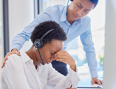 Buy stock photo Sad, support and black woman at call center with a man after telemarketing fail or anxiety. Headache, tired and African customer service agent with stress from consulting job and a worker with help