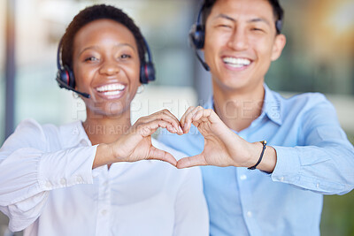 Buy stock photo Heart hands, call center and portrait of business people consulting for crm or customer service. Finger, emoji and happy face of telemarketing consultant team smile for contact us, faq and support
