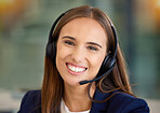 Call center, woman and smile in portrait for communication, customer service or contact us for CRM questions. Face of happy agent, microphone and telemarketing of sales, consulting or telecom support