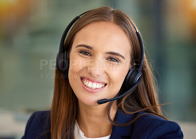 Buy stock photo Call center, woman and smile in portrait for communication, customer service or contact us for CRM questions. Face of happy agent, microphone and telemarketing of sales, consulting or telecom support