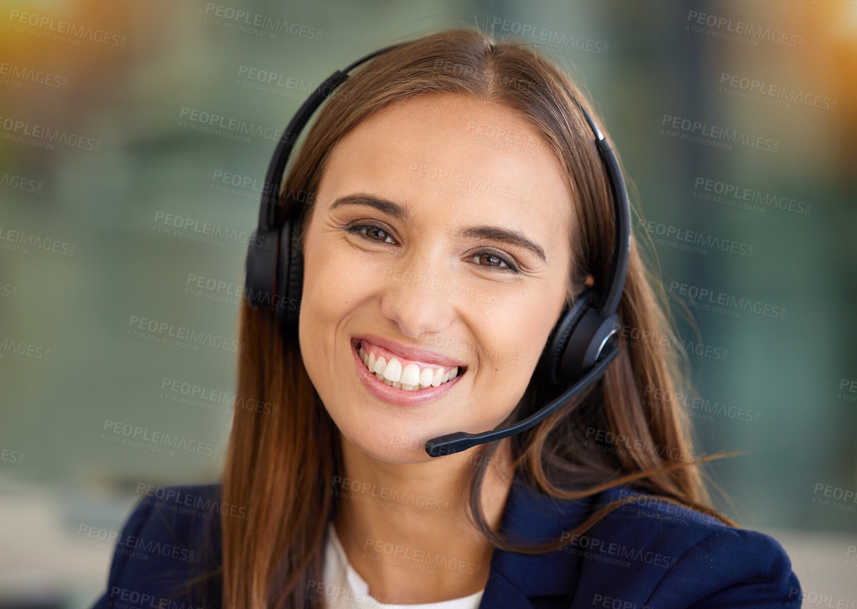 Buy stock photo Call center, woman and smile in portrait for communication, customer service or contact us for CRM questions. Face of happy agent, microphone and telemarketing of sales, consulting or telecom support