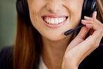 Call center, woman and mouth for communication, customer service and contact us for CRM questions. Closeup, face and happy agent with microphone for telemarketing, sales consulting or telecom support