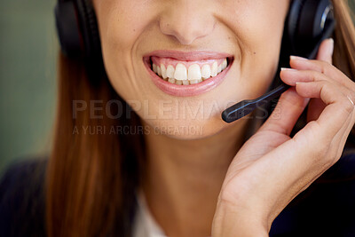 Buy stock photo Call center, woman and mouth for communication, customer service and contact us for CRM questions. Closeup, face and happy agent with microphone for telemarketing, sales consulting or telecom support