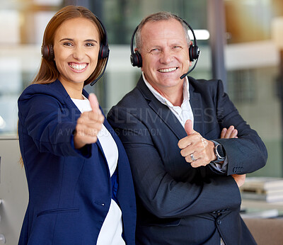 Buy stock photo Call center, thumbs up and people in portrait for telemarketing, virtual communication and success, like or support. Thank you hands sign of corporate woman and CEO consultant or agent for contact us