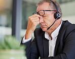 Call center, headache and business man stress, health problem or fatigue for communication or finance fail. Agent, consultant or sales person with eye pain, tired and online or financial mistake