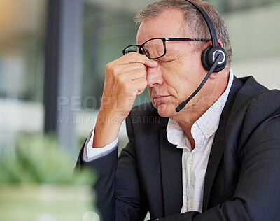 Buy stock photo Call center, headache and business man stress, health problem or fatigue for communication or finance fail. Agent, consultant or sales person with eye pain, tired and online or financial mistake