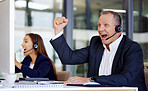 Winner, motivation and a senior man in a call center for success in customer service or support. Wow, deal or sale with a happy mature male consultant in celebration at his crm office desk at work 