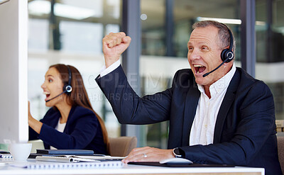 Buy stock photo Winner, motivation and a senior man in a call center for success in customer service or support. Wow, deal or sale with a happy mature male consultant in celebration at his crm office desk at work 