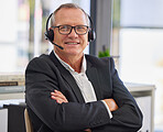 Call center, mature man and smile in portrait for communication, customer service or contact us for faq CRM questions. Happy salesman, microphone and arms crossed for telemarketing support in office