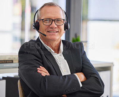 Buy stock photo Call center, mature man and arms crossed  in portrait for communication, customer service or contact us for faq CRM questions. Happy salesman, microphone and smile for telemarketing support in office