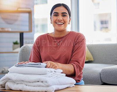 Buy stock photo Cleaning, smile and laundry with portrait of woman in living room for housekeeping service, clothes and fabric. Hospitality, happy and cleaner with person at home for maintenance and washing