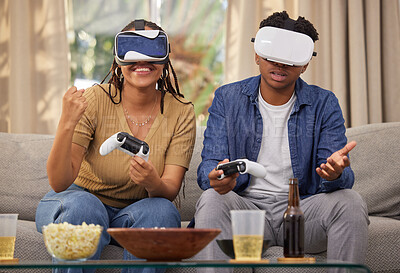 Buy stock photo Man, woman and virtual reality video game and challenge, competition winner and futuristic gaming date at home. Metaverse, fist pump and digital world, couple in living room with 3D games and tech