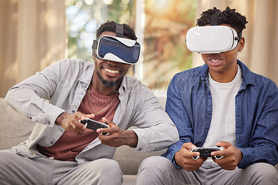 Buy stock photo Friends, virtual reality video game and challenge, metaverse and futuristic gaming at home with esports. Competition, VR goggles and digital world, men in living room with 3D games and technology