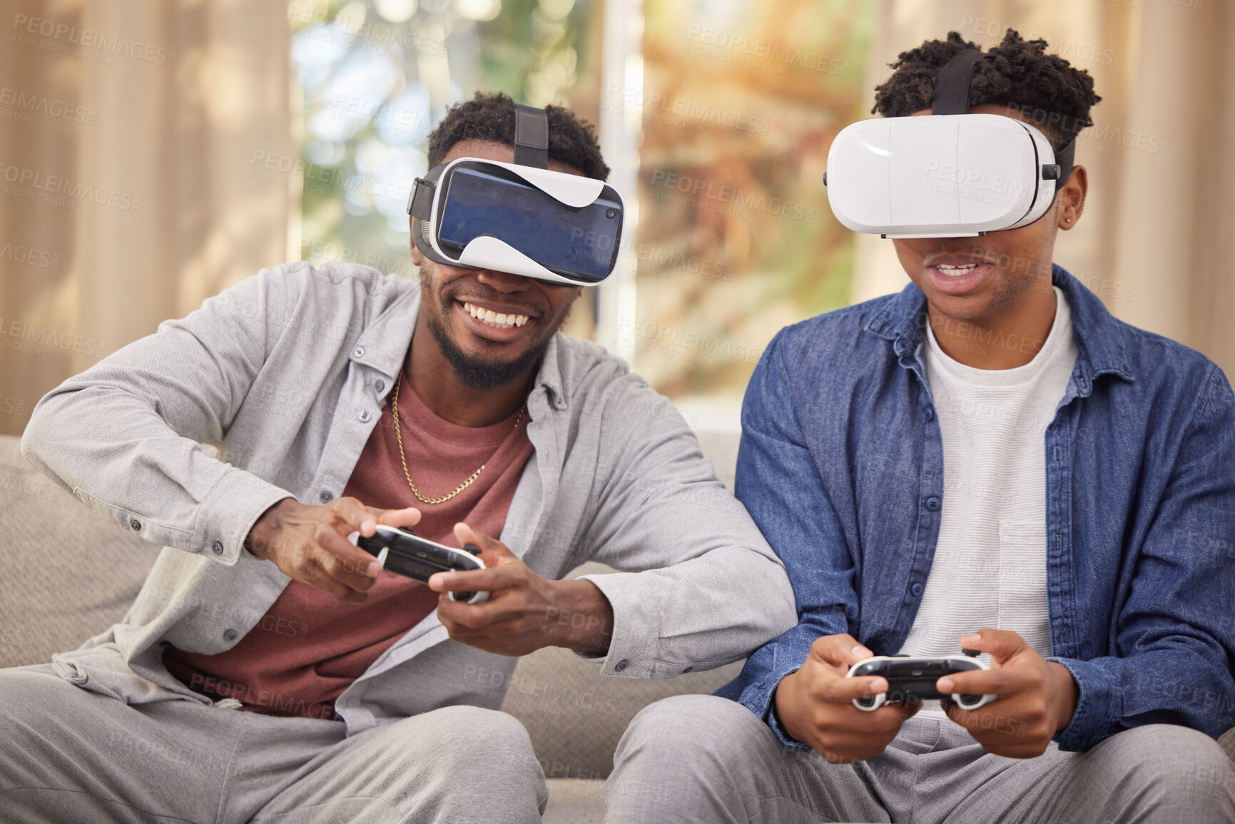 Buy stock photo Friends, virtual reality video game and challenge, metaverse and futuristic gaming at home with esports. Competition, VR goggles and digital world, men in living room with 3D games and technology