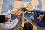 Cheers, beer and above of people with pizza, lunch celebration and relax together in a house. Happy, dinner and friends toasting with alcohol and food on the living room sofa to celebrate eating